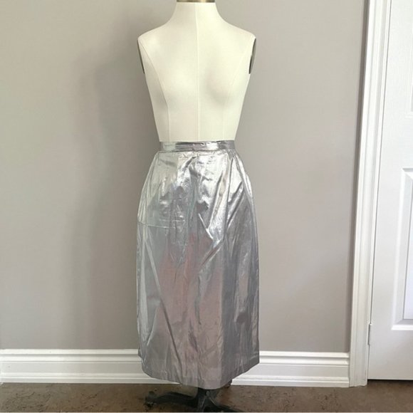 Vintage 70s Silver Metallic Tissue Lamé Lined Midi Party Skirt - M/28-29" - Picture 3 of 9